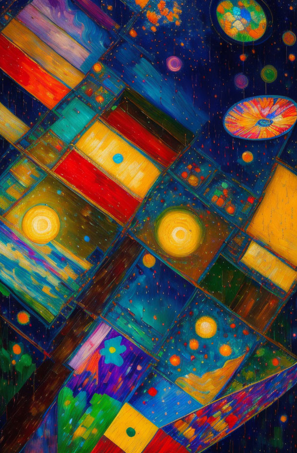 Vibrant abstract painting of cosmic scenes in geometric shapes