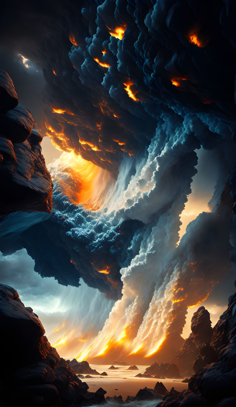 Dramatic landscape with fiery sunset, dark cliffs, and swirling clouds