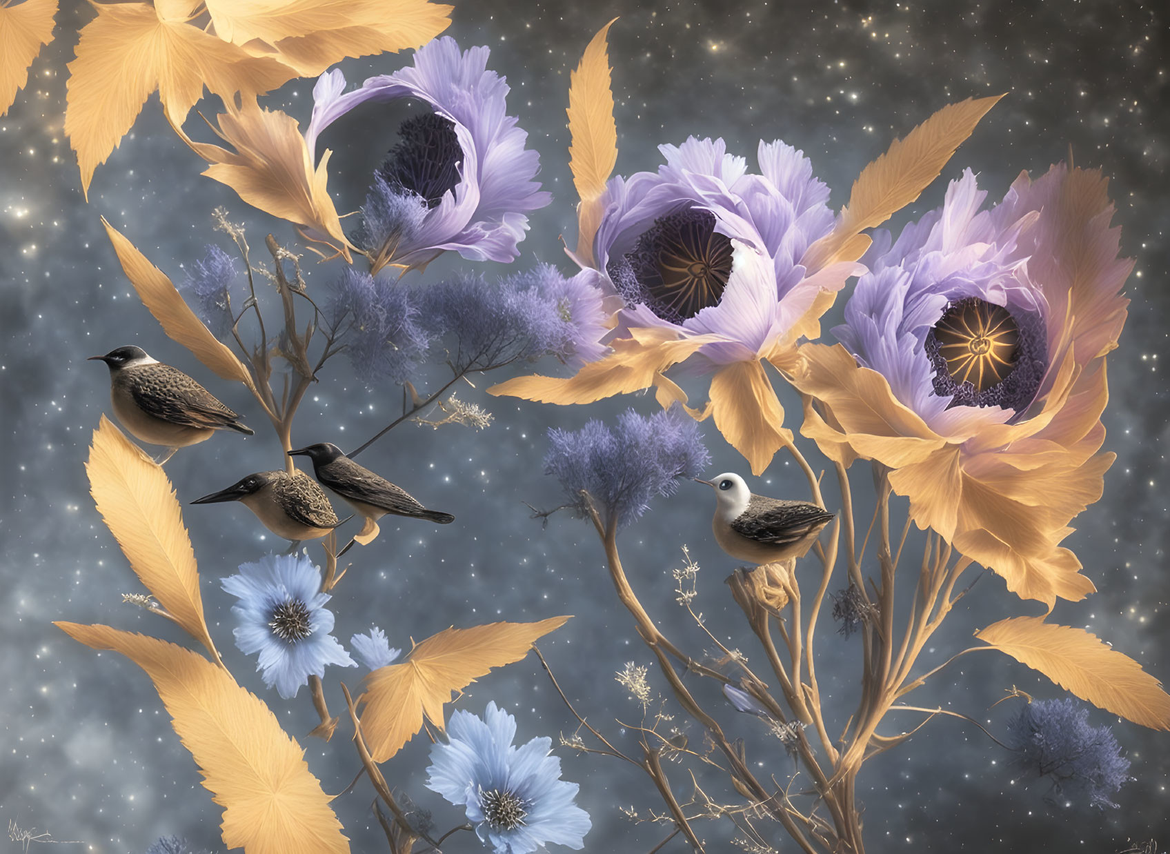 Surreal artwork with nature and cosmos elements: birds, golden leaves, purple flowers, starry