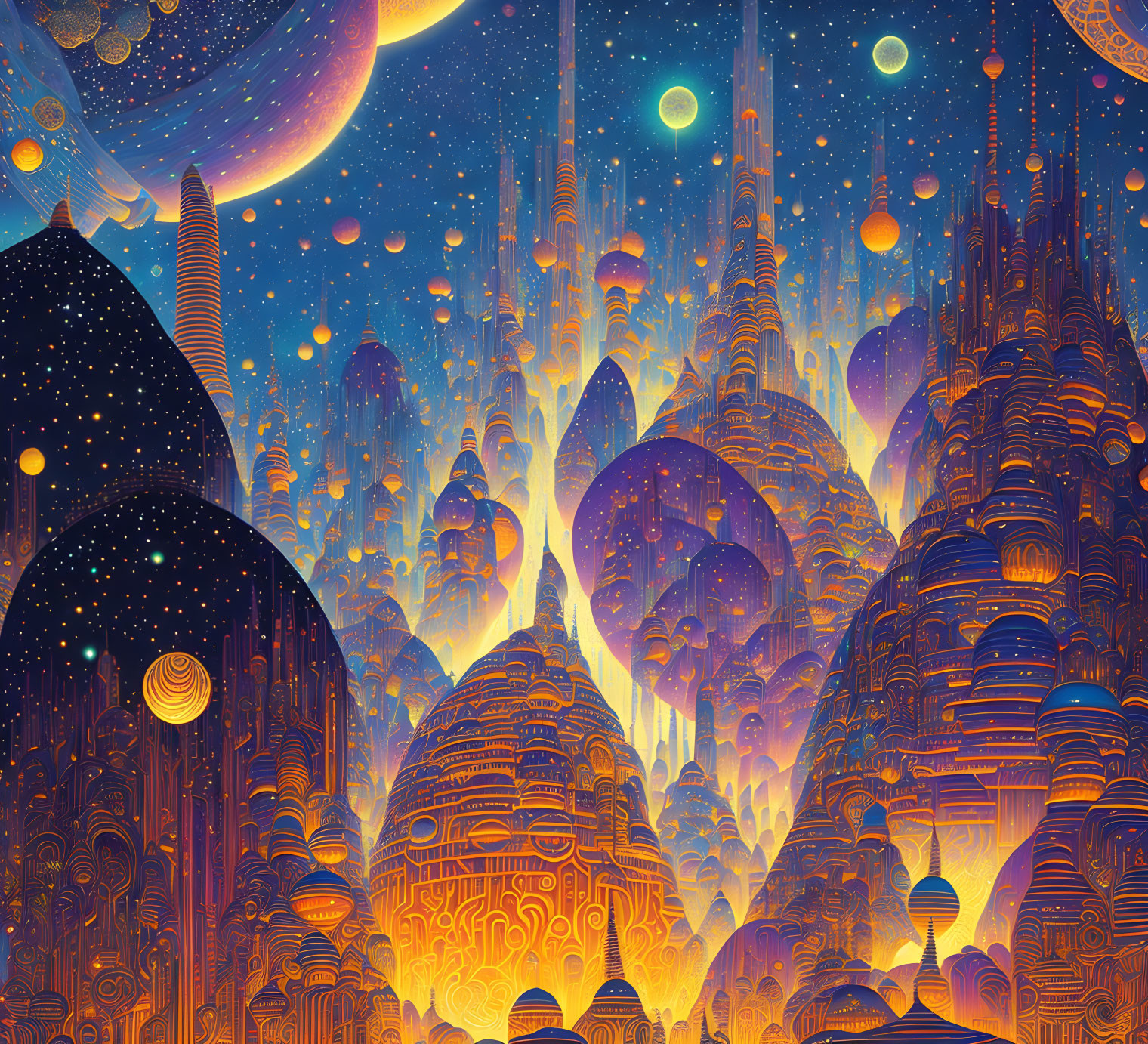 Intricate Glowing Towers in Vibrant Cityscape