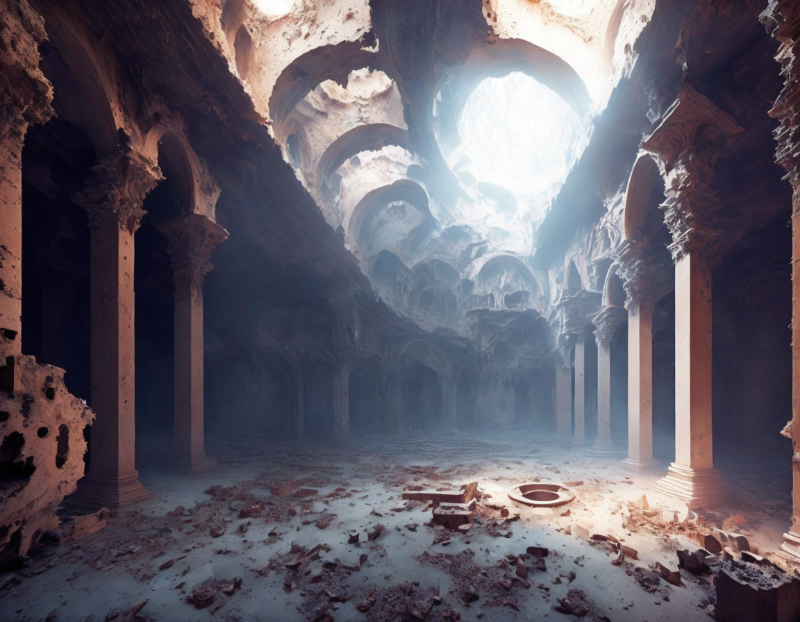 Decaying grand building interior with sunlight through dome