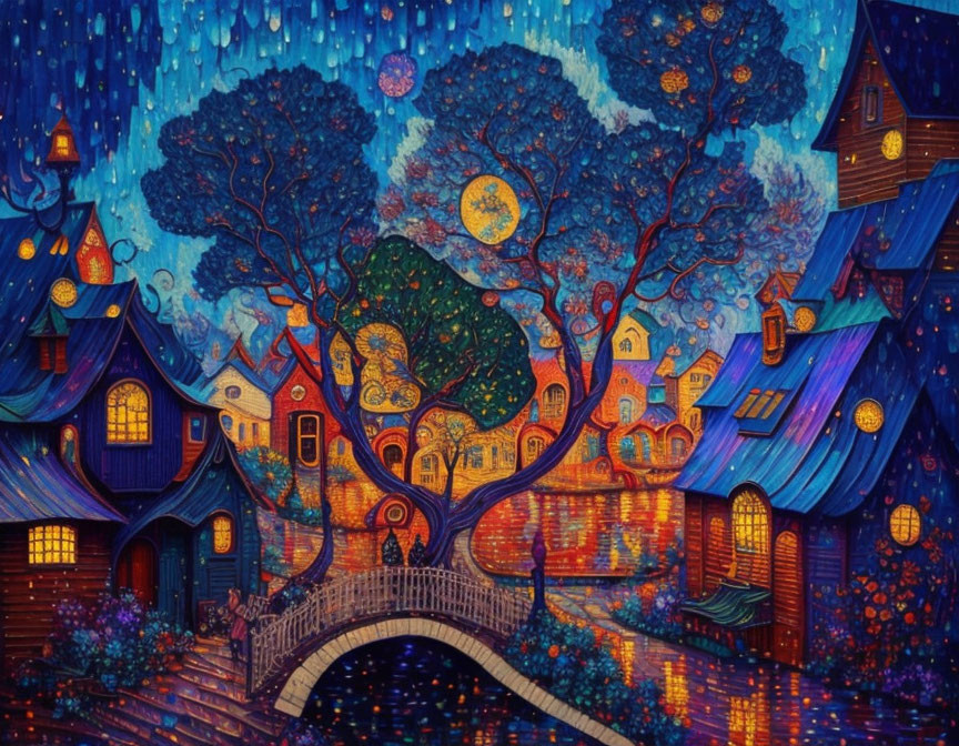 Colorful village painting with whimsical houses, tree, bridge, and starry sky