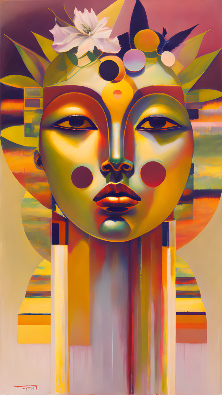 Colorful Stylized Face Portrait with Golden Skin and Geometric Patterns