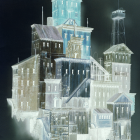 Fantasy castle in snow with warm glowing lights and cloaked figure at night