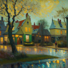 Whimsical painting of illuminated village evening