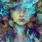 Vivid digital artwork: Woman with aquatic elements, marine flora & fauna, flowing blue & teal hair