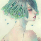 Surreal illustration: person with tree hair, bird, houses, teardrops on pastel