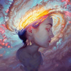 Colorful Woman Profile with Cosmic Nebula Explosion