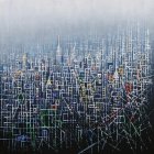 Geometric abstract painting with blue grid and cityscape shapes