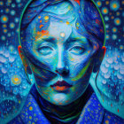 Surrealist artwork with blue starry face and night scene fusion