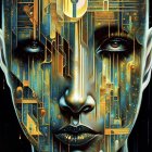 Vividly colored digital artwork blending human features with intricate circuitry patterns