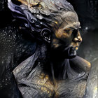 Futuristic digital artwork of female figure in golden metallic armor