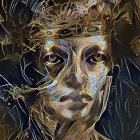 Digital artwork: Woman's face merges with cosmic elements and golden patterns on starry backdrop