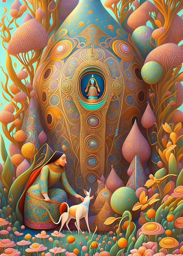 Colorful Woman and Fox in Stylized Forest with Peacock Door