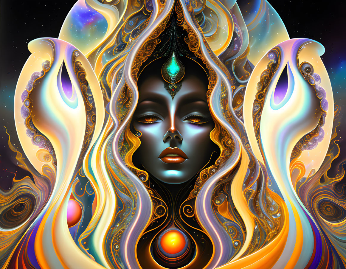 Colorful cosmic female entity with closed eyes and ornate headdress against starry night backdrop