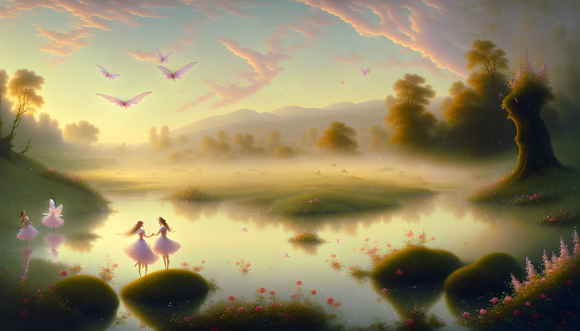 Tranquil fantasy landscape with fairies, serene lake, lush trees, floating flowers, pastel