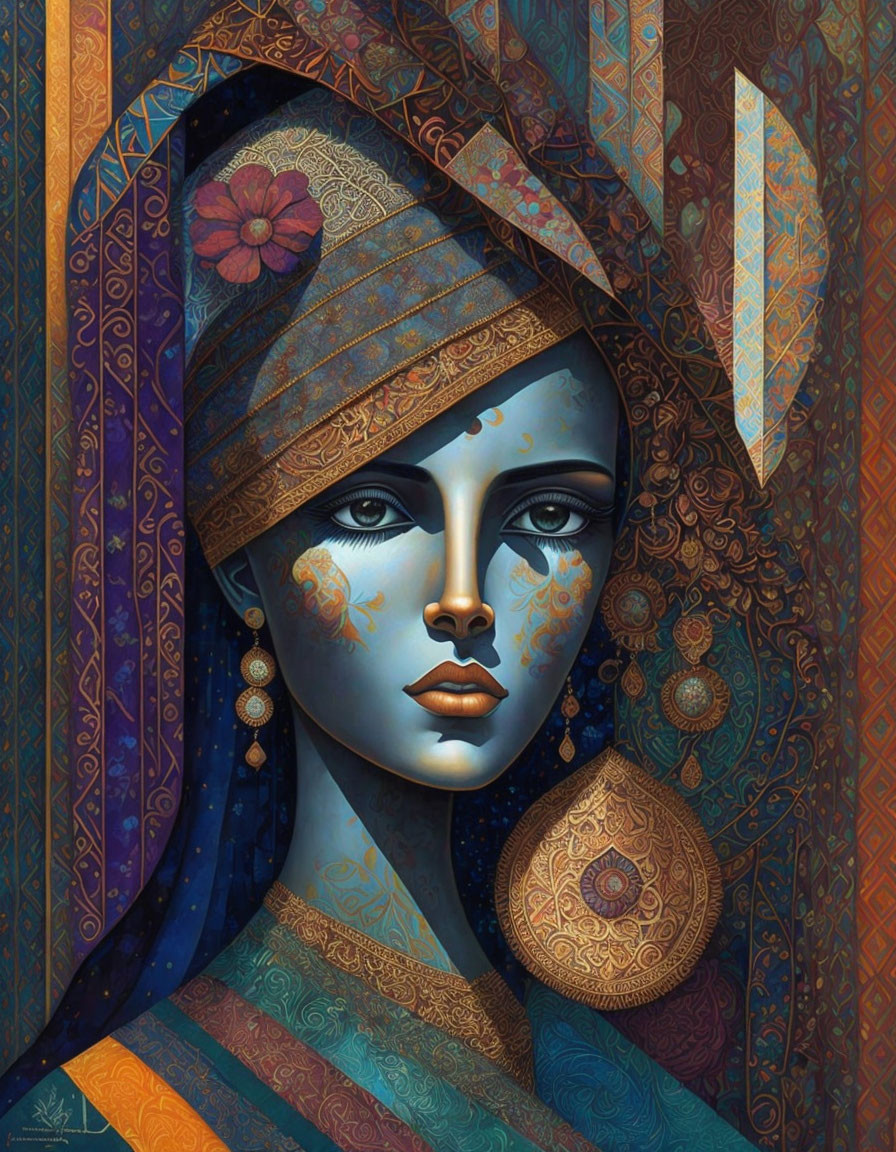 Blue-skinned woman portrait with ornate jewelry and decorative headdress depicting cultural or mythical themes.