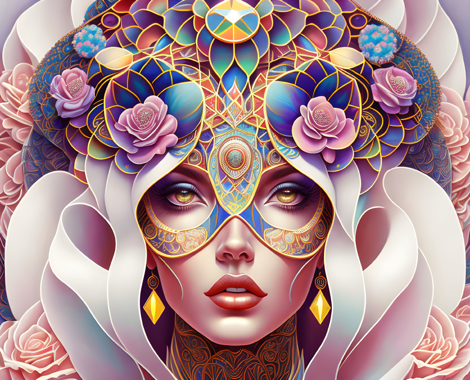 Intricate woman's face illustration with geometric headdress