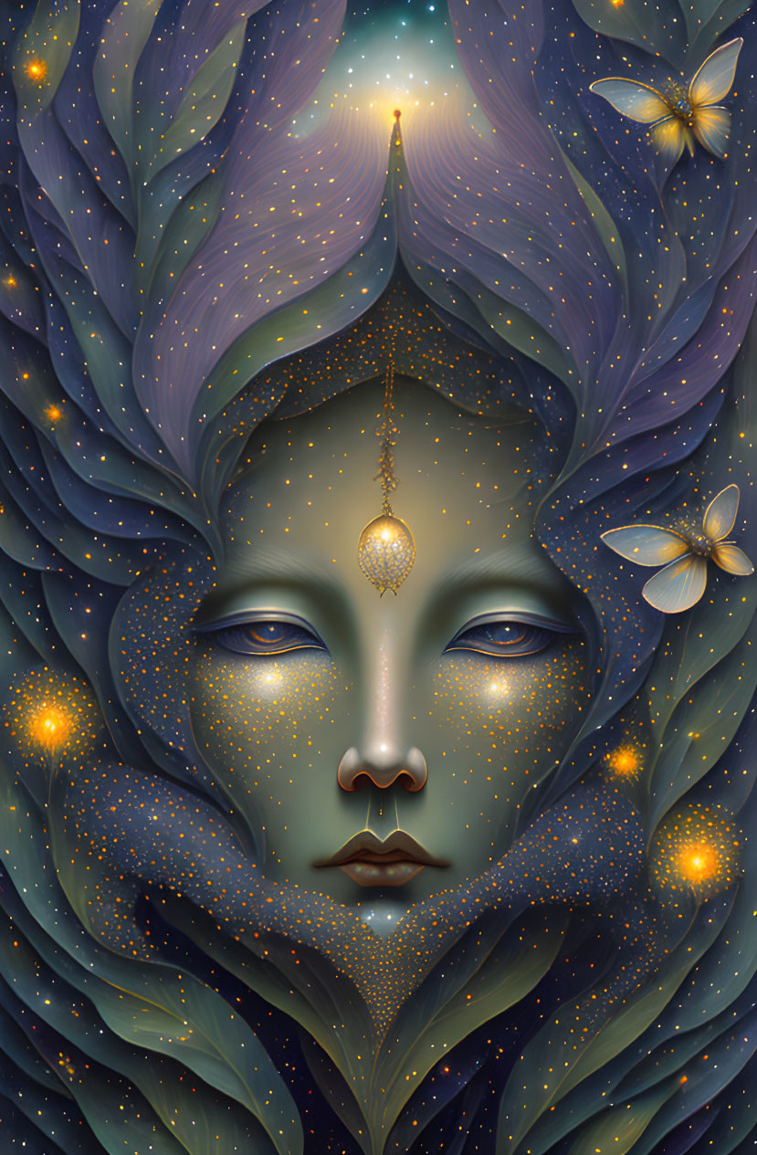 Illustration of mystical face with celestial leaves, glowing dots, and butterflies in serene cosmic setting