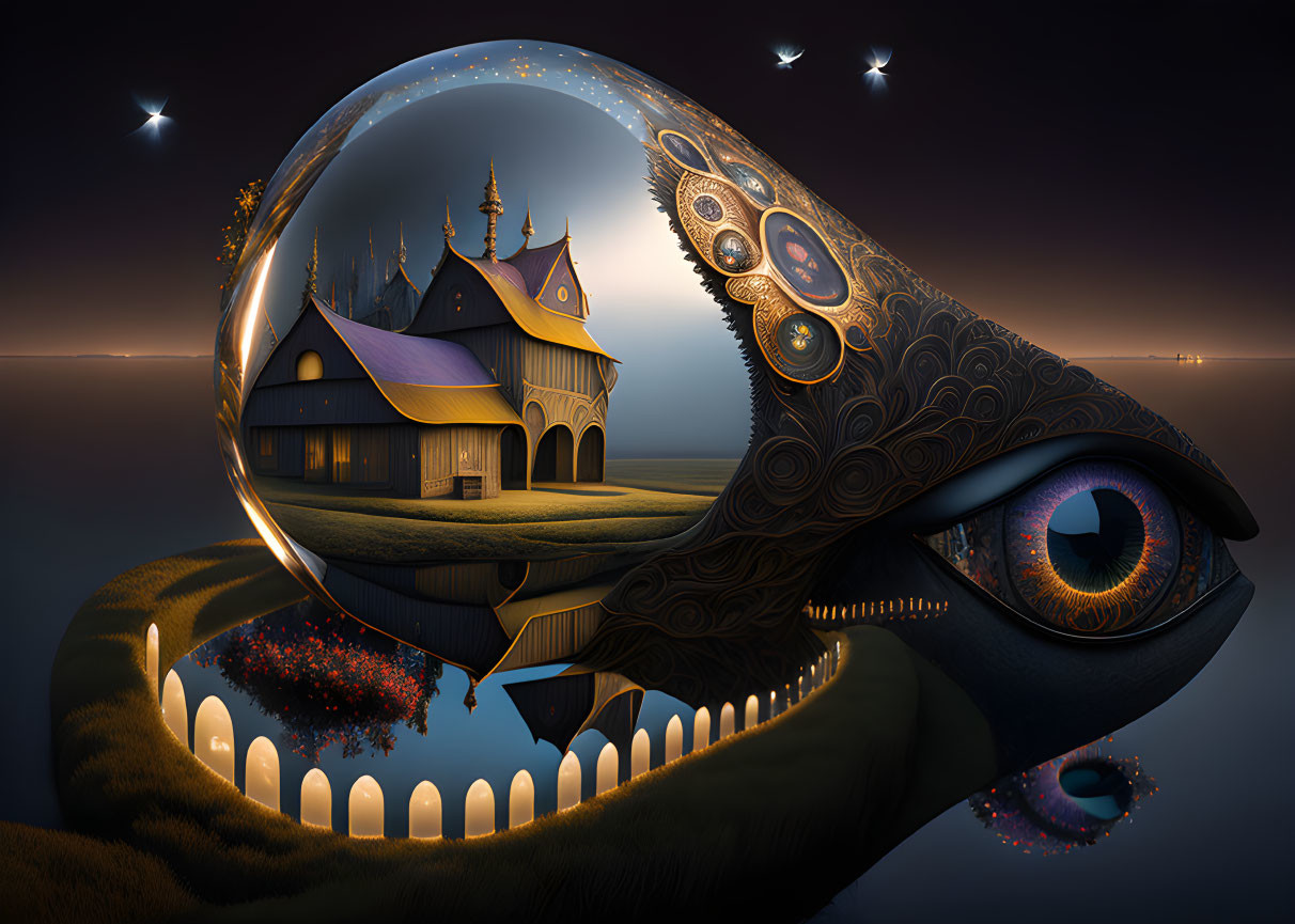 Surreal landscape with whimsical structure in transparent orb on stylized whale creature