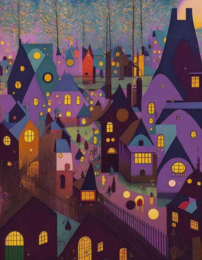 Colorful whimsical town illustration at dusk