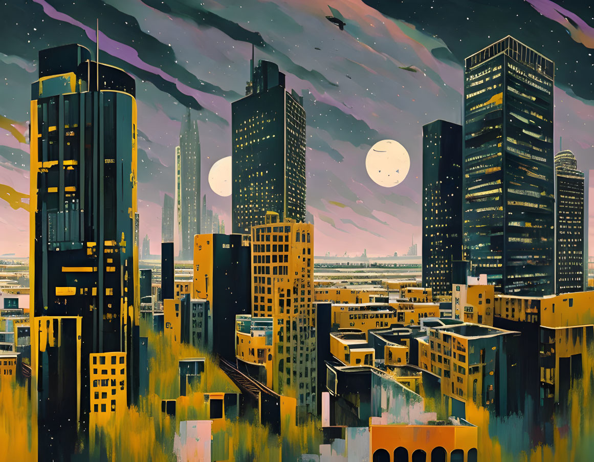 Cityscape at Dusk: Two Moons, Starry Sky, Illuminated Buildings