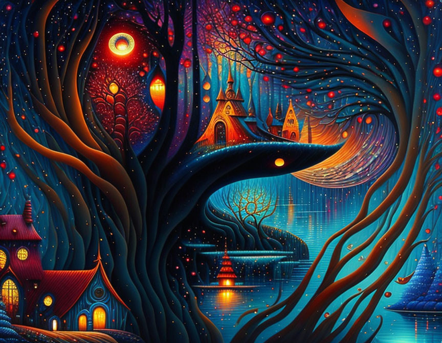 Vivid Night Scene with Swirling Trees and Whimsical Houses