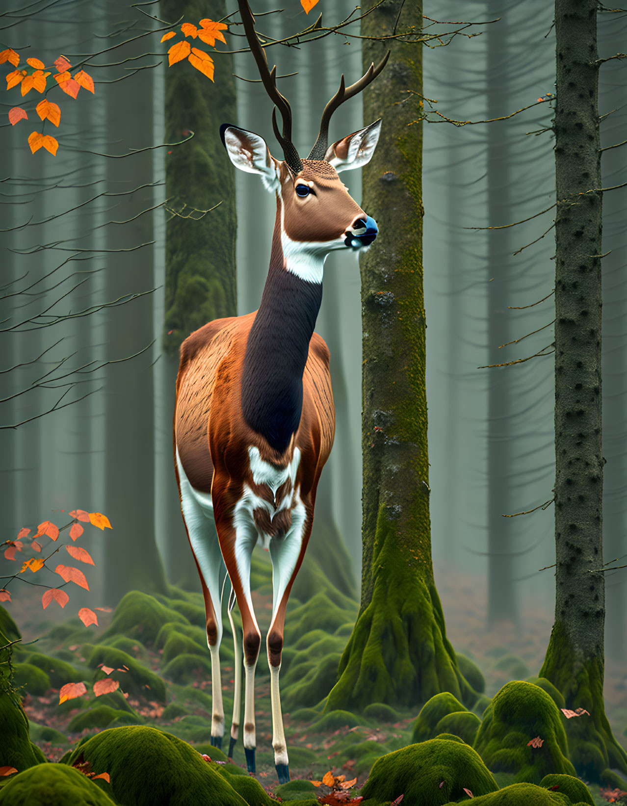 Digital art: Deer with elongated neck in misty forest