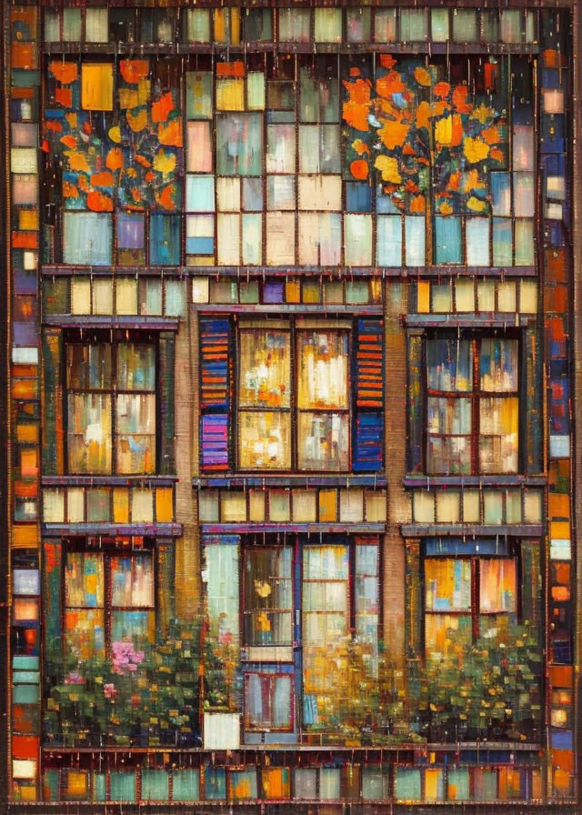 Vibrant Impressionist painting of autumn building facade with trees