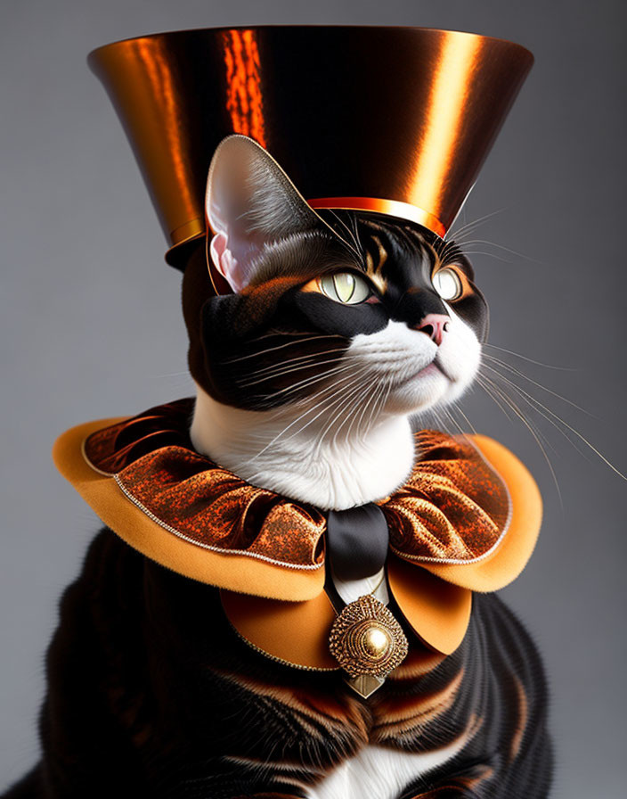 Majestic Cat in Copper Top Hat with Ruffled Collar and Medallion