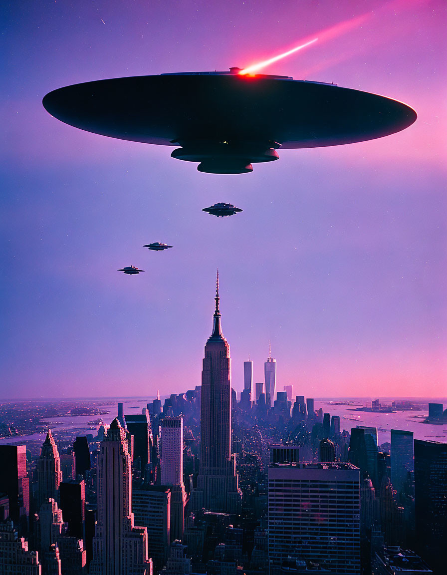 Digital Manipulated Image: UFO Emitting Red Beam Over City Skyline