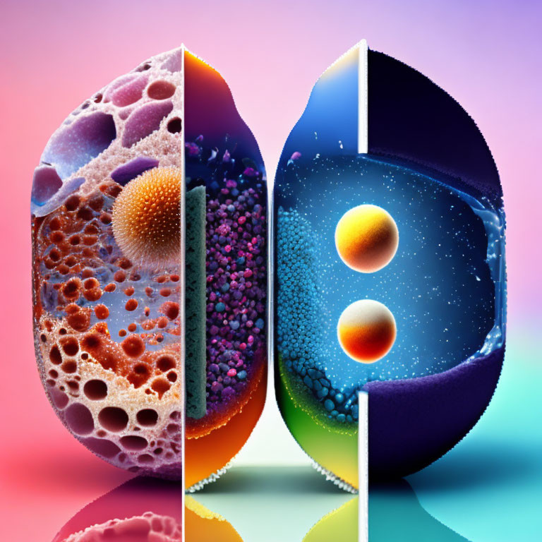 Vibrant spherical sections with contrasting textures on gradient background