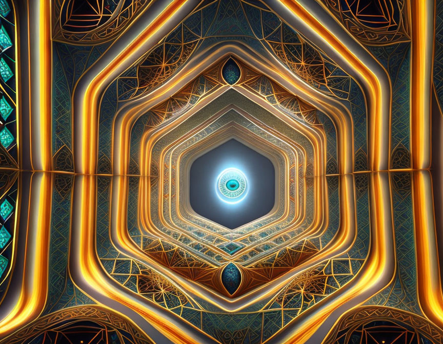 Symmetrical fractal pattern in blue and gold tones with tunnel-like illusion and central eye motif