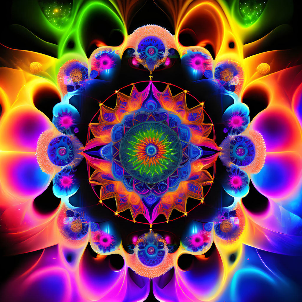 Colorful kaleidoscopic digital art with mandala and fractal patterns.