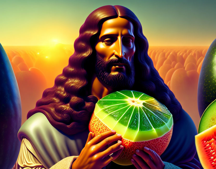 Digital artwork: Figure with long hair holding citrus fruit in surreal sunset landscape