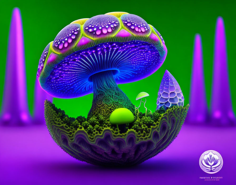 Fantastical bioluminescent mushroom in neon-lit digital art