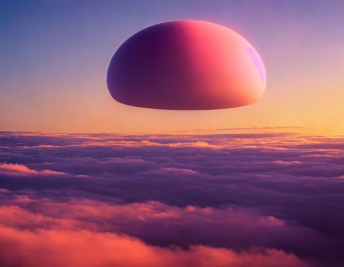 Surreal purple and pink elliptical object above cloud-covered landscape