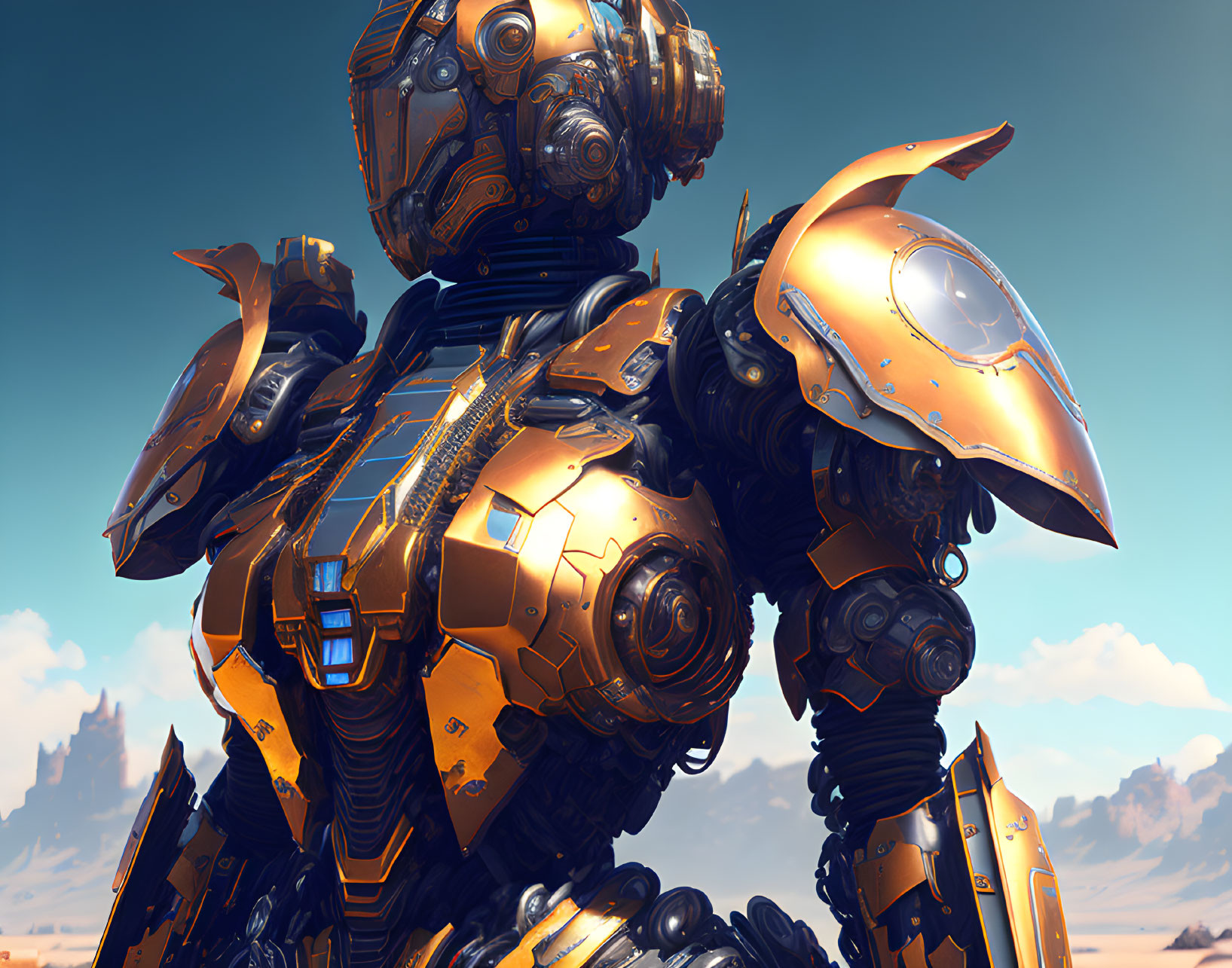 Detailed Image: Advanced Robotic Figure in Orange and Gold Armor, Desert Background with Rock Formations