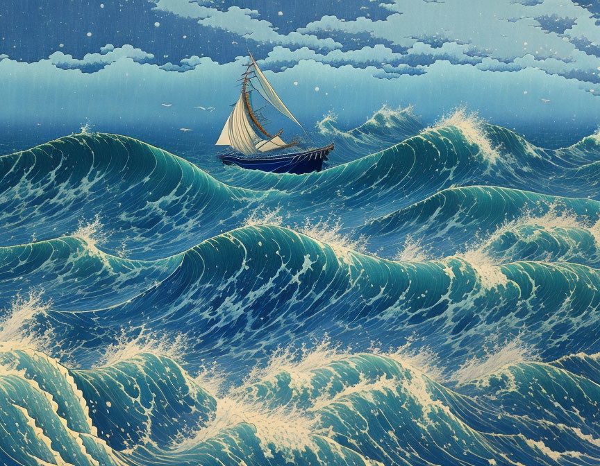 Traditional-style illustration of lone sailboat in stylized blue waves under cloudy sky