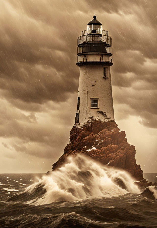 Stormy seas lighthouse on rocky outcrop in sepia-toned scene