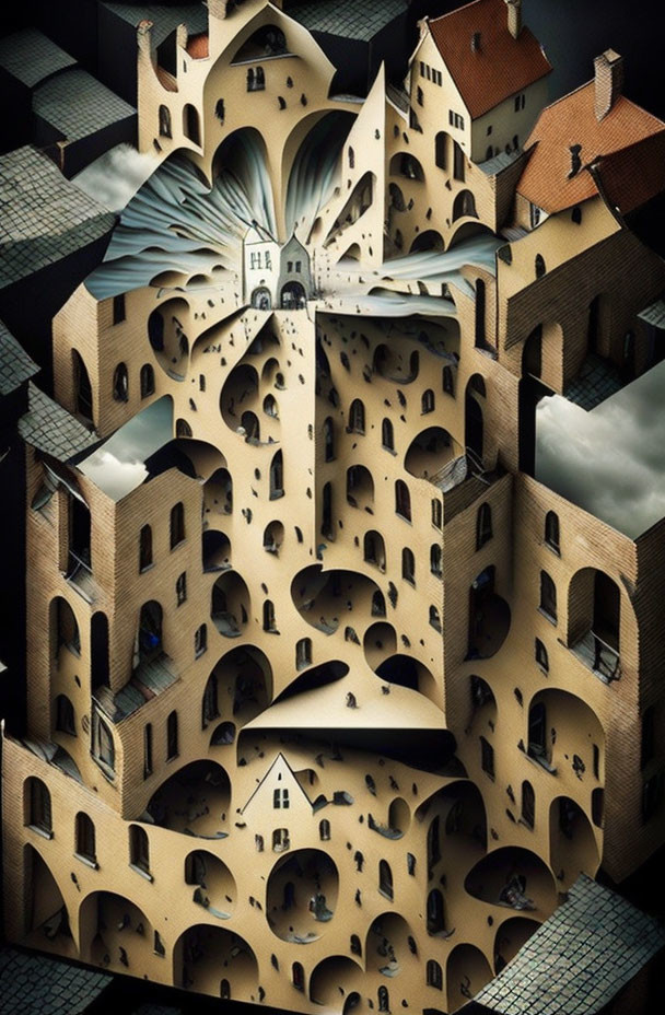 Surreal architectural illustration of gravity-defying building