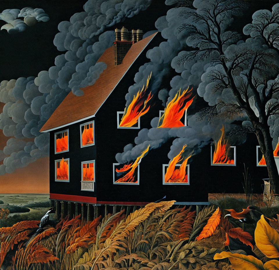 Stylized painting of burning house in dark landscape