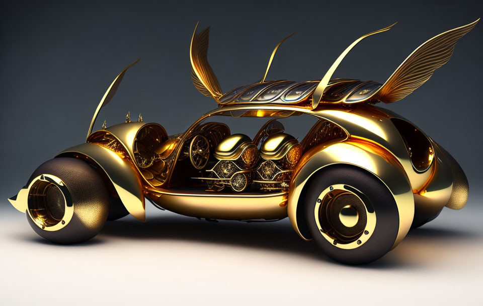 Golden beetle-inspired car with wings and circular windows on gradient backdrop