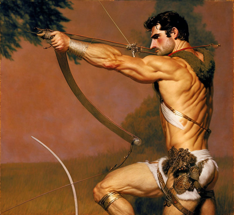 Muscular shirtless archer in classical attire drawing longbow in serene natural setting