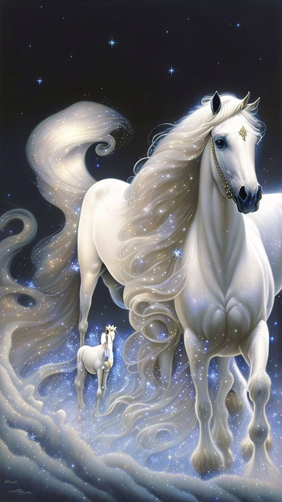 Majestic white horse with flowing mane under starlit sky.