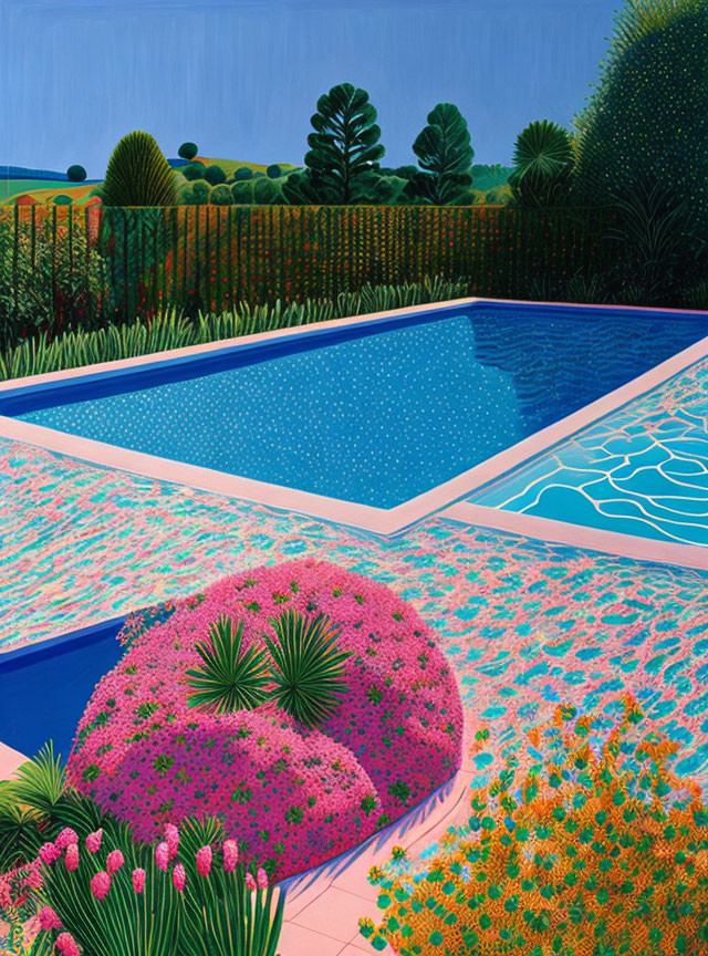 Colorful Garden Painting with Rectangular Swimming Pool