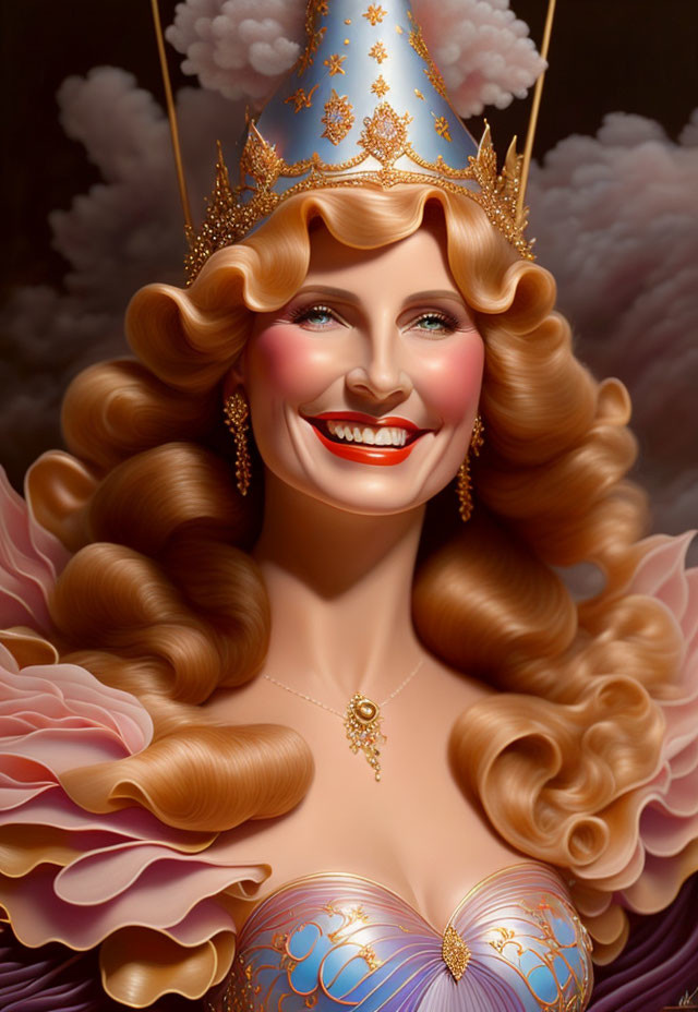 Whimsical illustrated woman with golden hair and crown on dreamy background