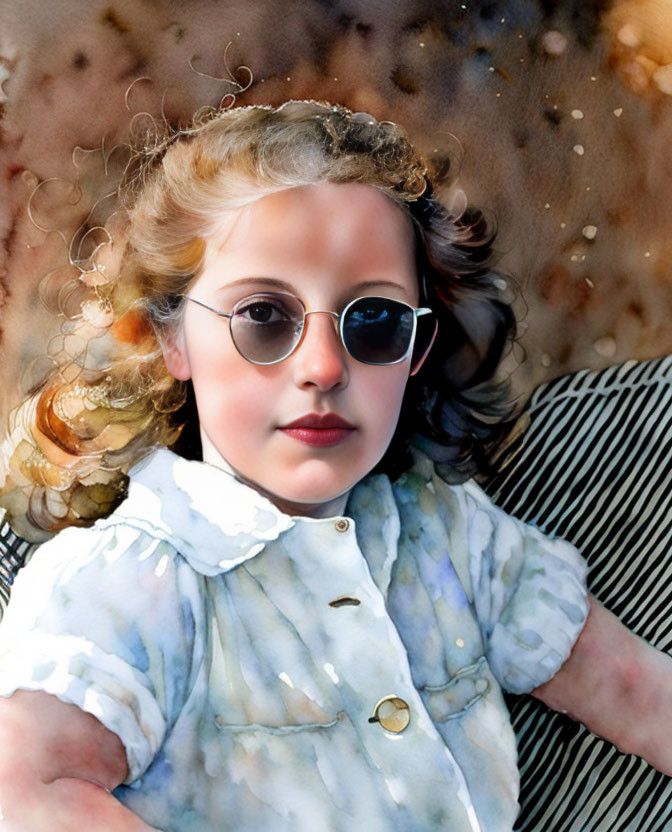 Curly-Haired Child in Sunglasses on Patterned Surface