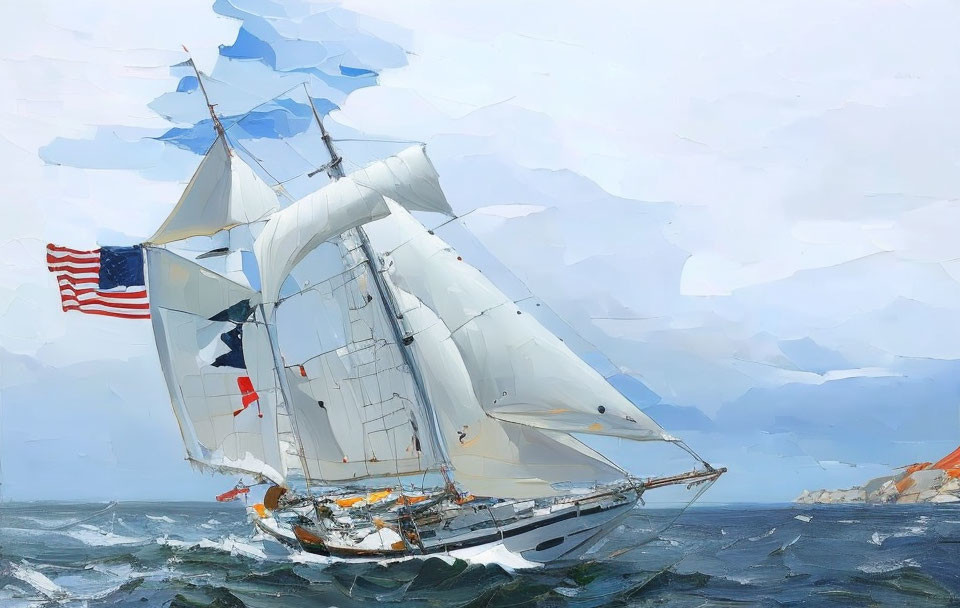 Sailing ship with American flag in rough sea waters