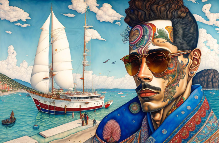 Colorful tattooed man in surreal portrait with sailing ship backdrop